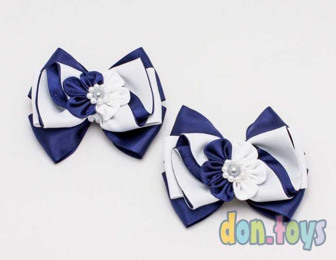 Резиночки для волос Бантик сине-белый с цветочком и серединкой, 2 шт., фото 1