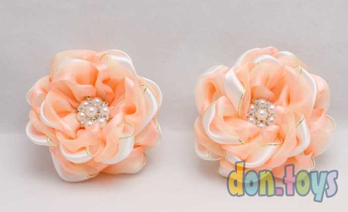 Заколки для волос Цветы из органзы и атласа с серединкой из бусин и страз, 2 шт., фото 1