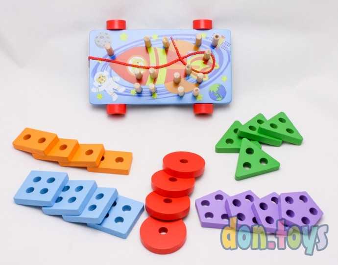 Деревянная каталка с логической пирамидкой сортером, 5 в 1 арт. 3020016 (MC-0150), фото 3