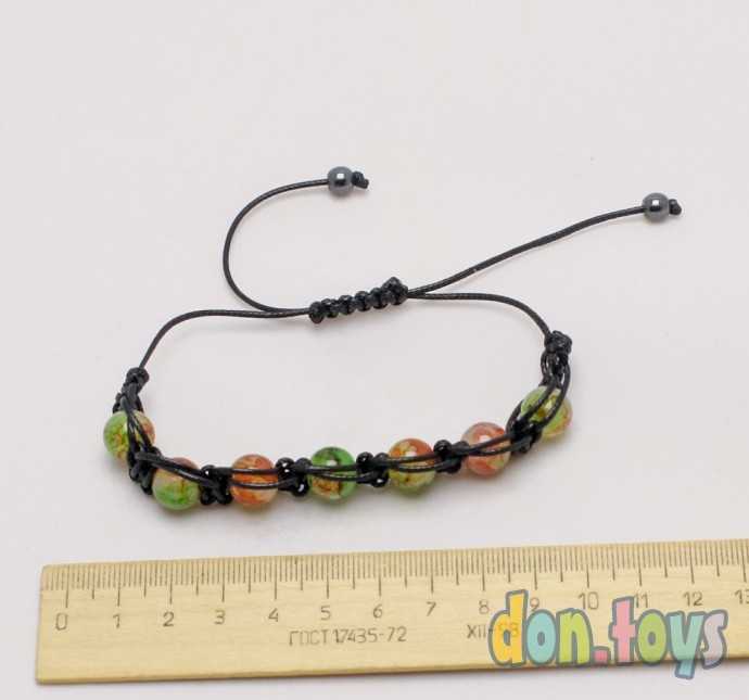 Браслет плетеный с зелено-коричневыми бусинами черный, фото 3
