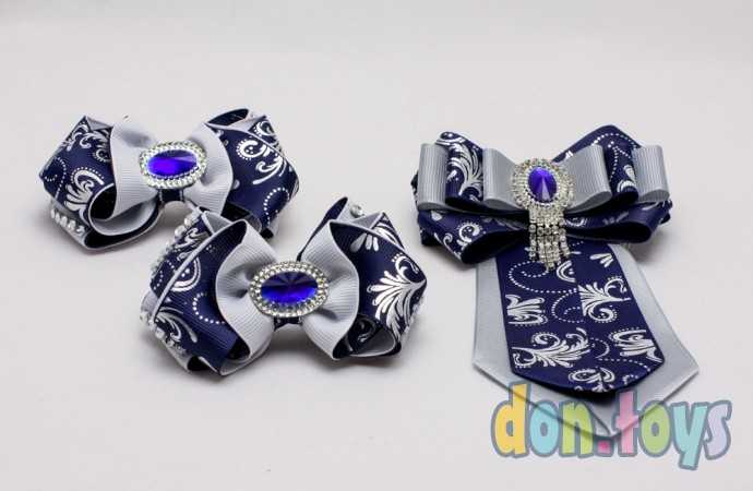 Школьный набор Синий с серым: 2 резинки для волос и галстук, фото 2