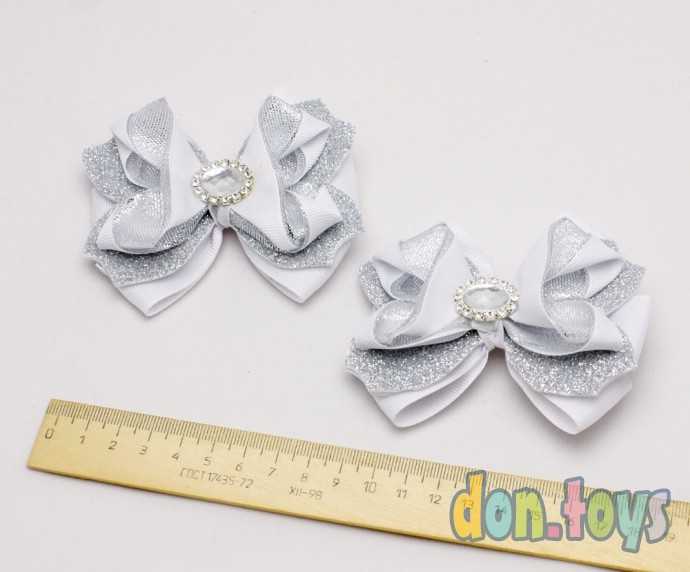 Заколки для волос Белые бантики с серебряным фоамираном и парчой, фото 2