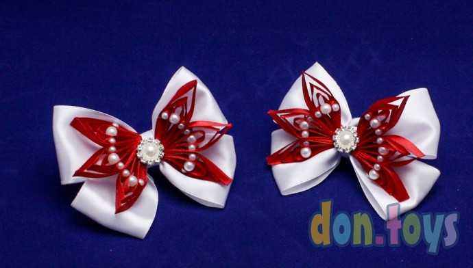 Резинки для волос Белые бантики с красными цветочками, бусинами и красивой серединкой, 2 шт., фото 3