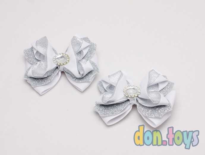 Заколки для волос Белые бантики с серебряным фоамираном и парчой, фото 1