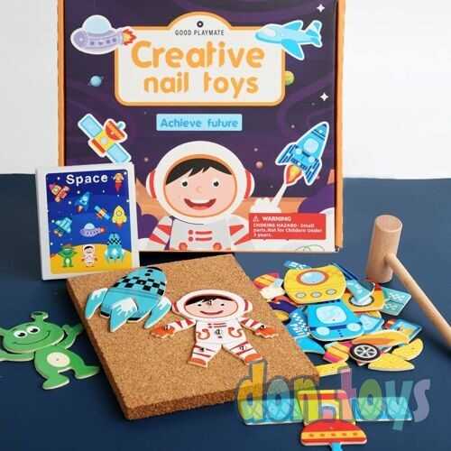 Деревянная развивающая игра: набор с молоточком и гвоздями: Космос., фото 2