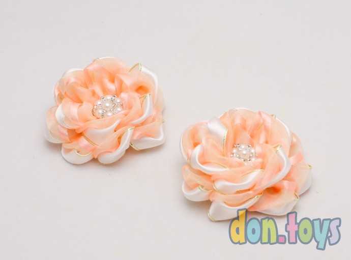 Заколки для волос Цветы из органзы и атласа с серединкой из бусин и страз, 2 шт., фото 4