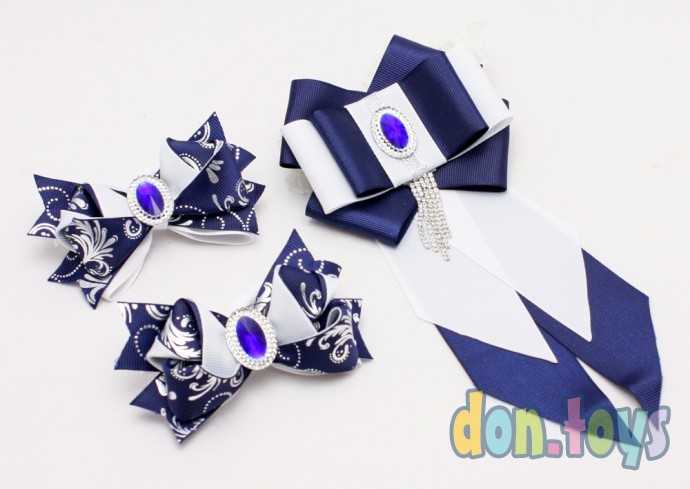 Школьный набор: галстук и 2 резинки-бантики с синей серединкой, фото 2