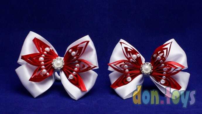 Резинки для волос Белые бантики с красными цветочками, бусинами и красивой серединкой, 2 шт., фото 1