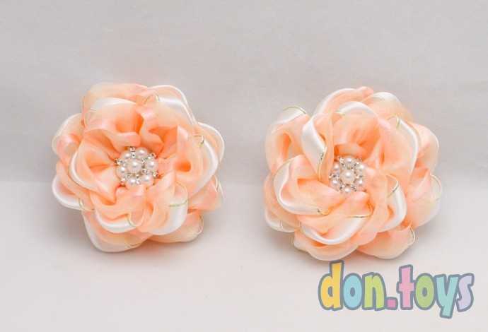 Заколки для волос Цветы из органзы и атласа с серединкой из бусин и страз, 2 шт., фото 2