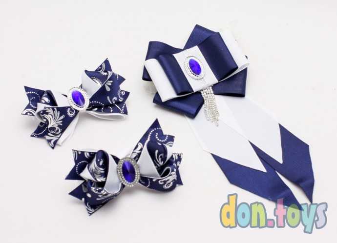 Школьный набор: галстук и 2 резинки-бантики с синей серединкой, фото 1