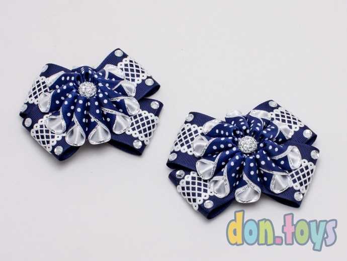 Резинки для волос Синие бантики с объемным синим цветочком в горошек, фото 1