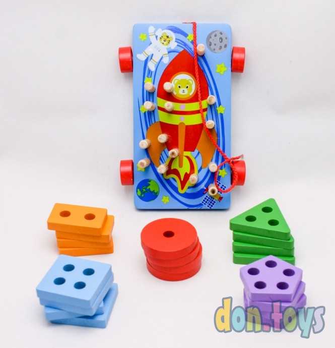 Деревянная каталка с логической пирамидкой сортером, 5 в 1 арт. 3020016 (MC-0150), фото 5