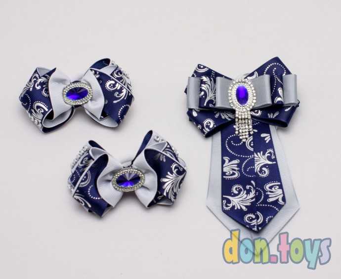 Школьный набор Синий с серым: 2 резинки для волос и галстук, фото 1