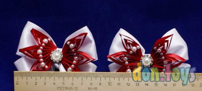Резинки для волос Белые бантики с красными цветочками, бусинами и красивой серединкой, 2 шт., фото 2