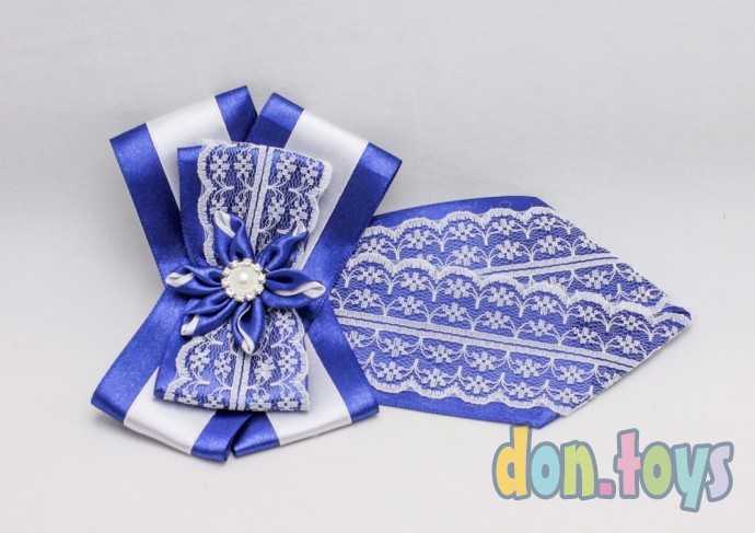 Галстук школьный сине-белый с цветком, фото 3