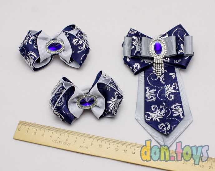 Школьный набор Синий с серым: 2 резинки для волос и галстук, фото 3
