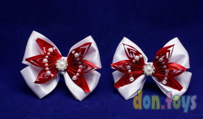 Резинки для волос Белые бантики с красными цветочками, бусинами и красивой серединкой, 2 шт., фото 4