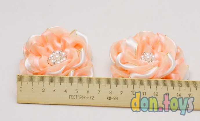 Заколки для волос Цветы из органзы и атласа с серединкой из бусин и страз, 2 шт., фото 3